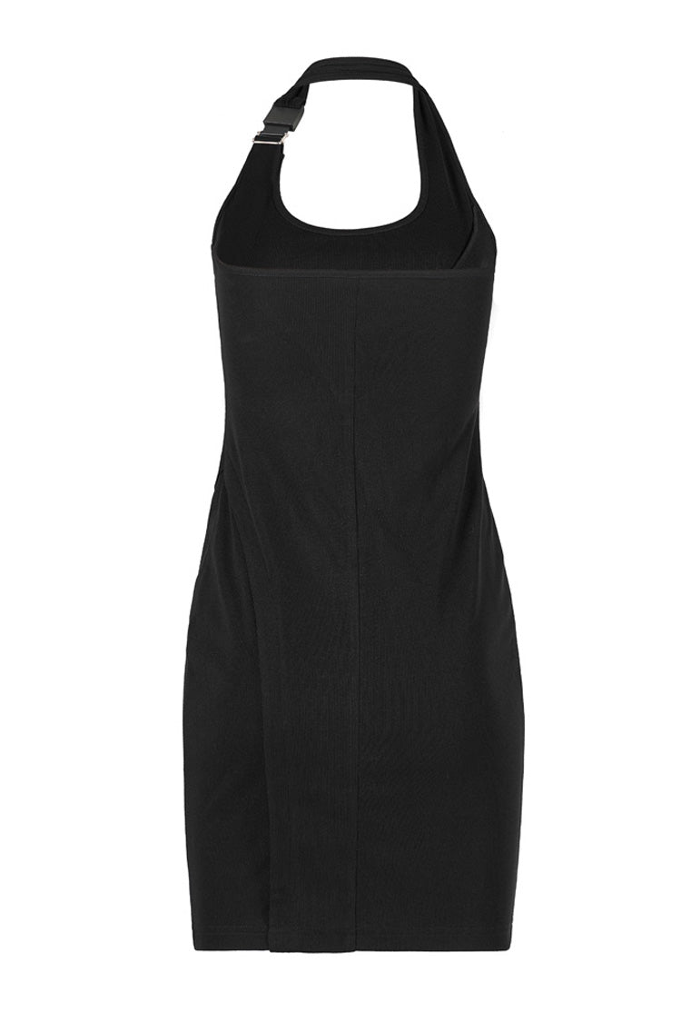 Schwarzes, verstellbares, sexy Neckholder-Ärmelloses, dreidimensionales, plissiertes Stretch-Kleid für bequeme Damen im Gothic-Stil