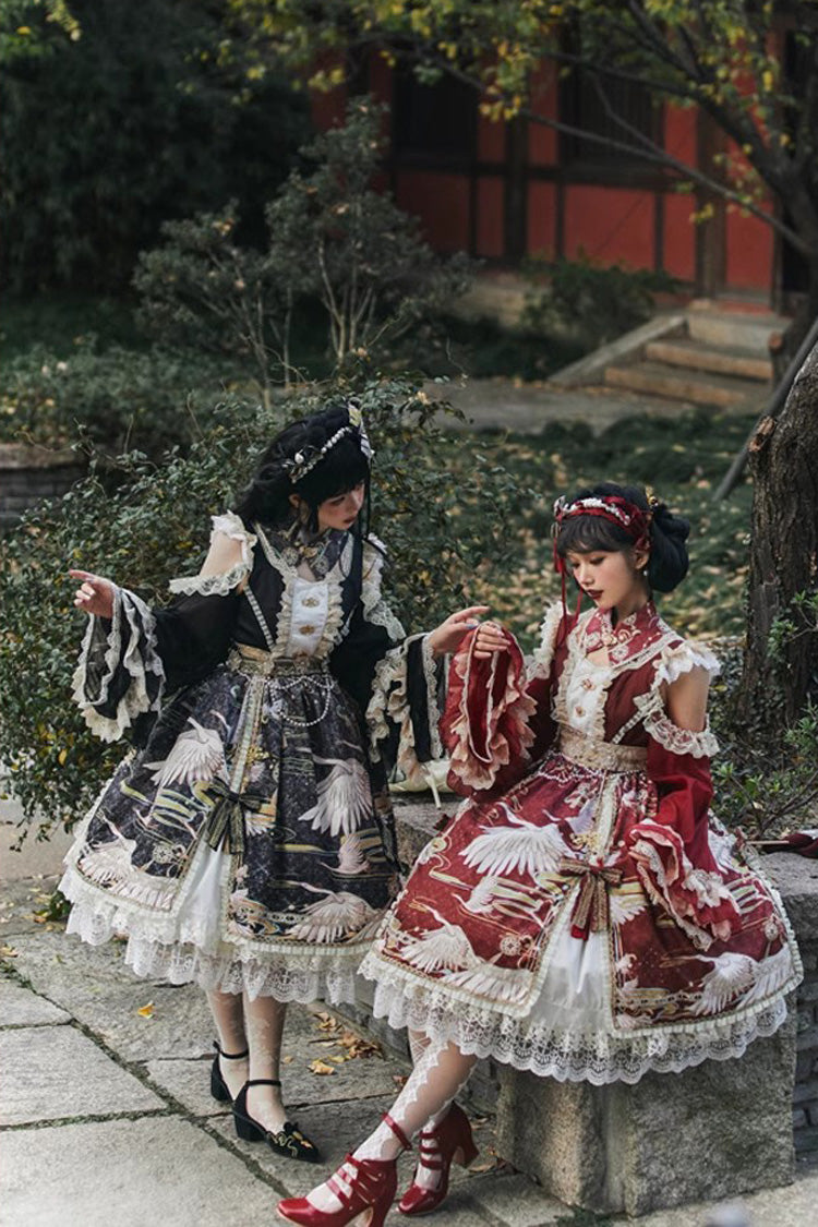 Süßes Lolita-Kleid im chinesischen Stil mit langen Ärmeln, Rüschenspitze und Druck, 3 Farben