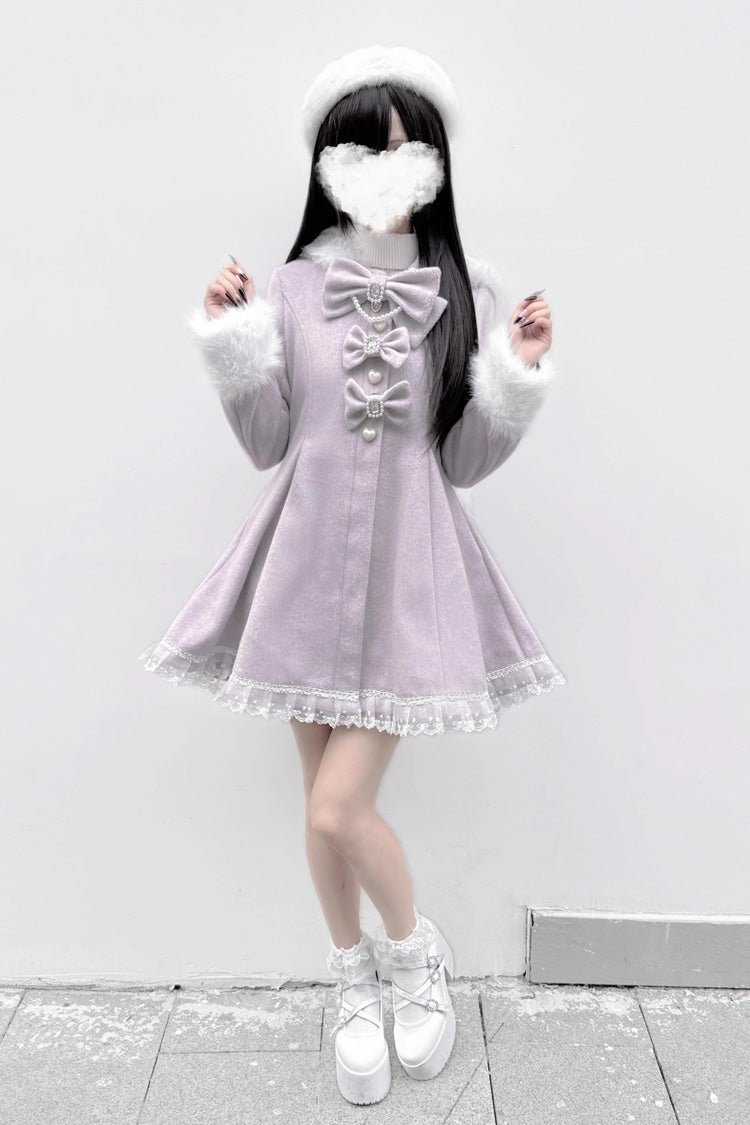 [Plush Lop-eared Rabbit] Long Sleeves Bowknot Lace Hooded Sweet Jirai Kei Coat 5 Colors