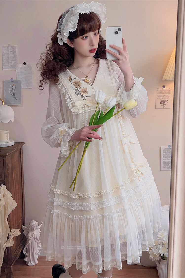 Elfenbein [Sunflower Diary] Langärmliges Rüschenstickerei Schleife Spitzen Chiffon Süßes Prinzessin Lolita Kleid