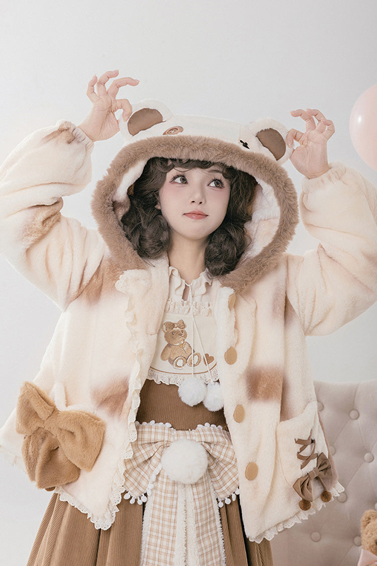 Ivory [Mocha Bear] Print Bowknot Hooded Sweet Lolita Coat