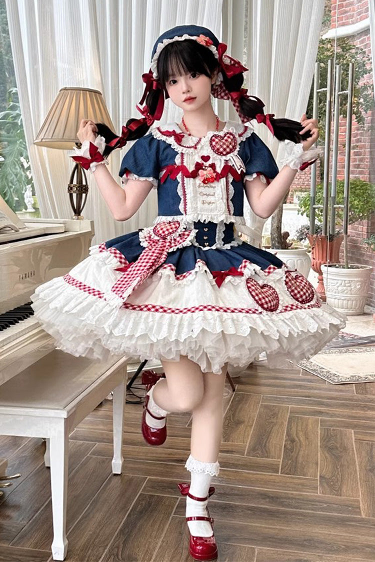 White/Blue/Red [Peach Heart Lilith] Ruffle Bowknot Lace Lace-Up Sweet Lolita Skirt Set