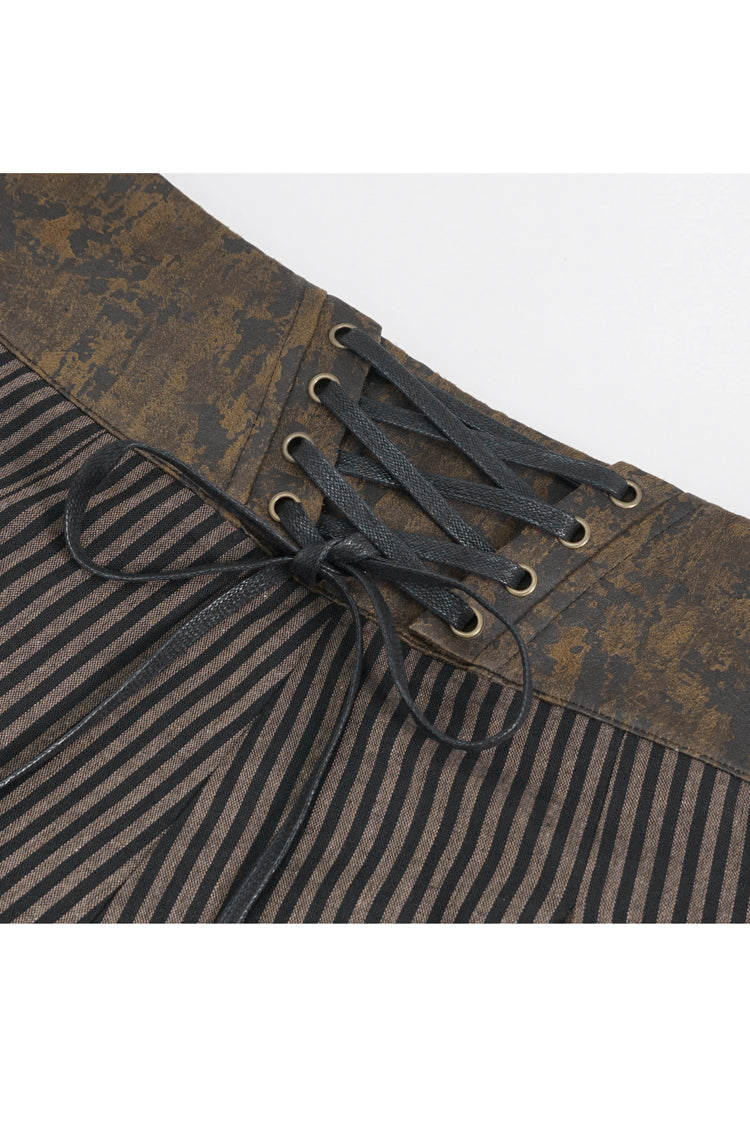 Brown High Waisted Striped  Lace-Up Men's Gothic Pants