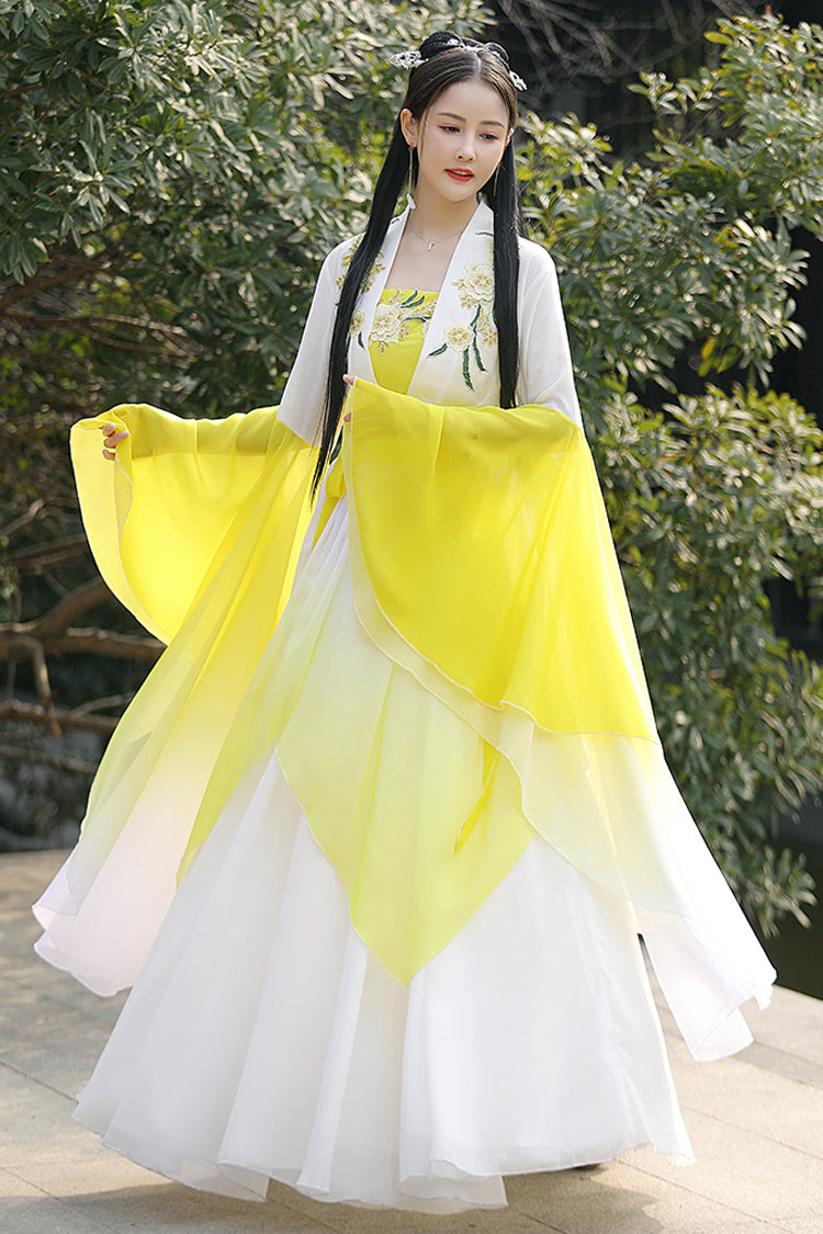 White/Yellow High Waisted Gradient Embroidery Irregular Women's Sweet Hanfu Dress Full Set