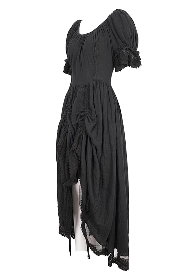 Schwarzes Gothic-Kleid mit kurzen Ärmeln und Rüschen und Kordelzug für Damen