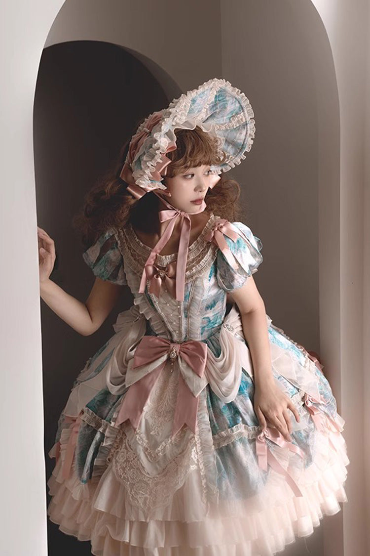 [Angel Heart Sky Oil Painting] Print Ruffle Cardigan Bowknot Sweet Princess Lolita Dress 3 Colors