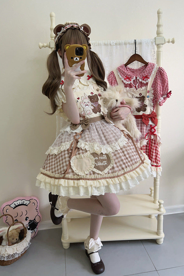 Rabbit Bear Diary Plaid Print Ruffle Bowknot Sweet Lolita Skirt 2 Colors (Blouse Included)