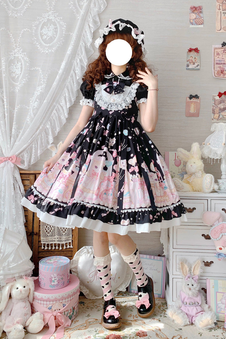 Schwarz/Rosa süßes Lolita JSK Prinzessinnenkleid mit Katzen-Print und hoher Taille, Rüschen und Schleife