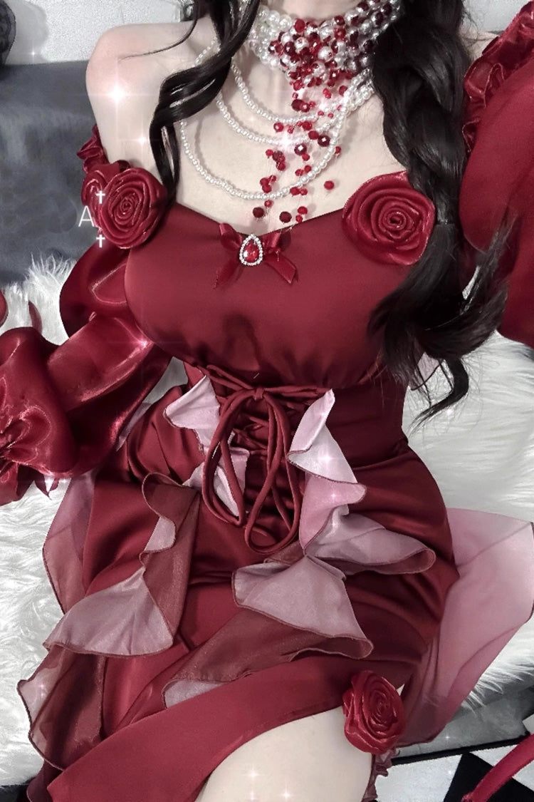 Red Rose Long Sleeves Bowknot Classic Elegant Lolita Strapless Dress