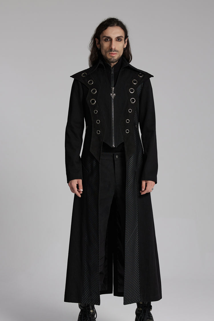 Black Metal Ring Zipper Long Sleeves Men's Punk Long Jacket