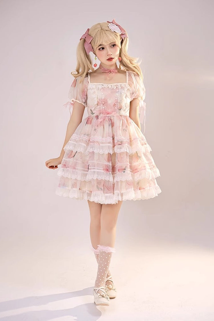 Pink Chiffon Organza Short Sleeves Multi-layer Peach Print Sweet Lolita Jsk Dress