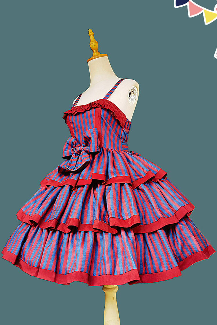 Stripe Print [Cloth Cat] Triple-Layered Ruffle Bowknot Sweet Lolita Dress 4 Colors