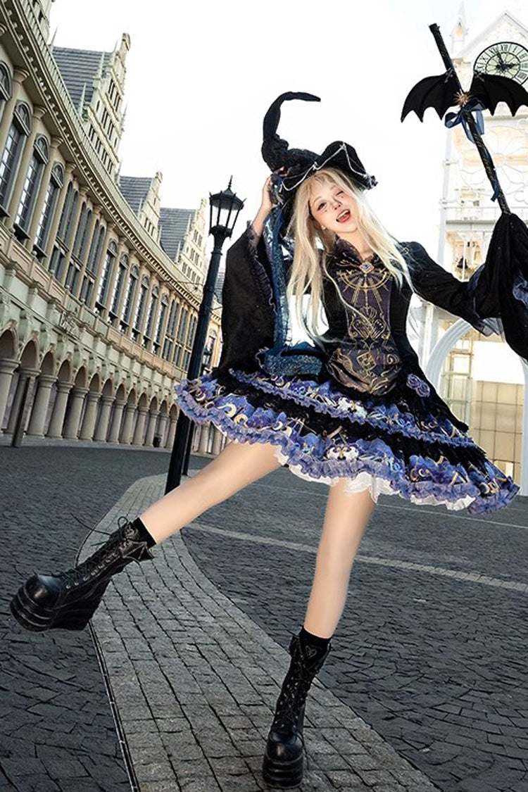 Black [Astrology Cat] Long Sleeves Double-Layered Print Ruffle Lace Gothic Lolita Dress