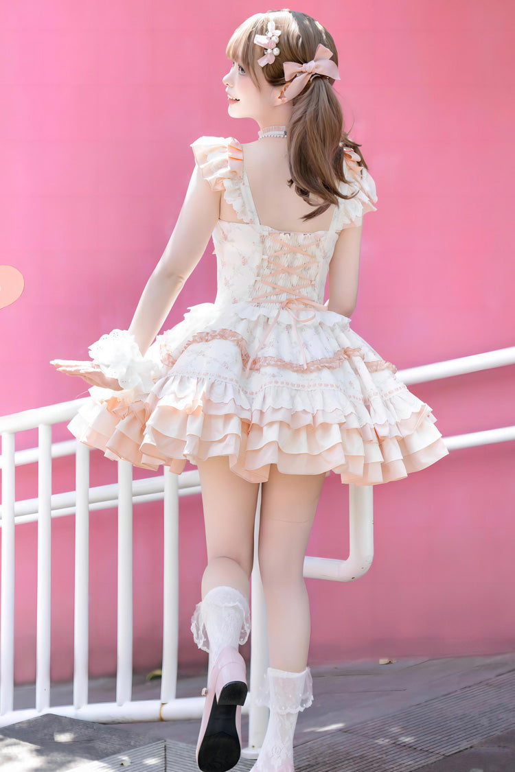 Floral Print Multi-layer Ruffle Bowknot Lace Sweet Lolita Tiered Dress 2 Colors