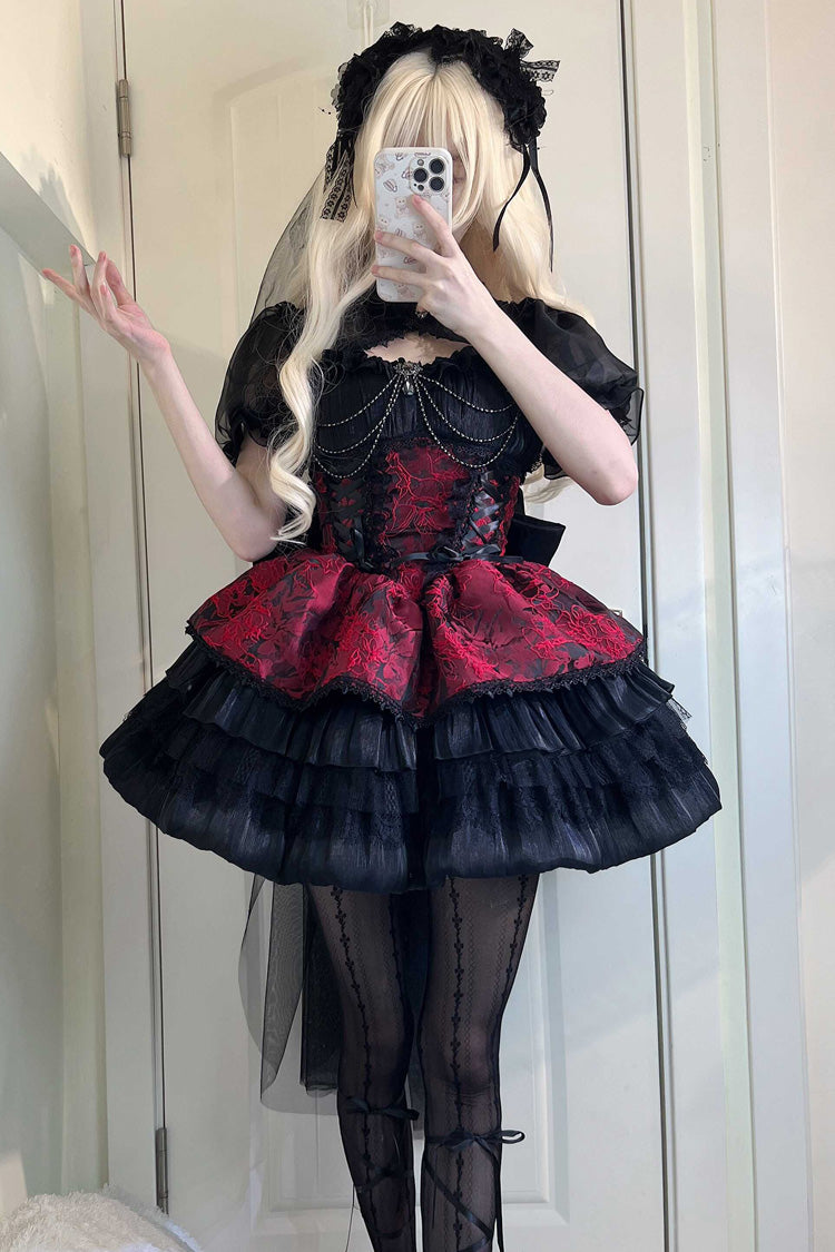 Schwarz/Rot Antiker Traum der dunklen Nacht Print Rüschen Gothic Lolita Jsk Kleid