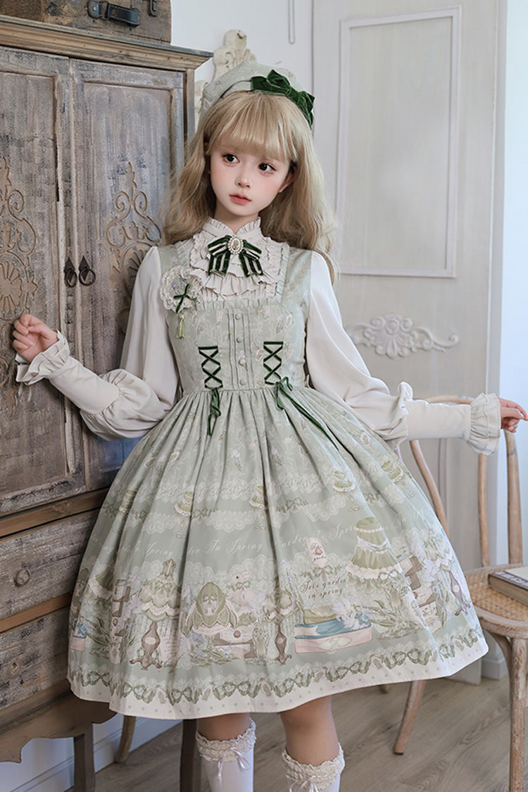 [Iris Study] Square Collar Print Bowknot Lace-Up Sweet Lolita Jumper Dress 2 Colors