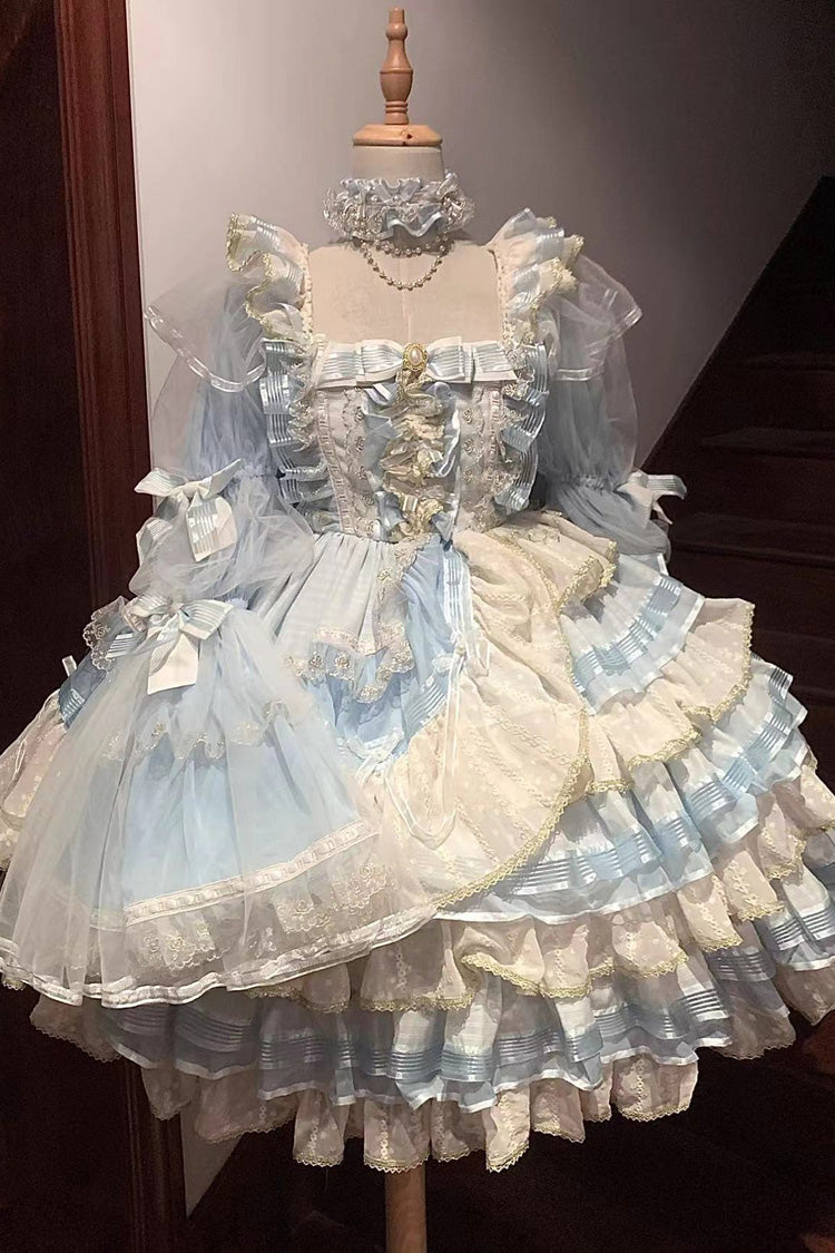 Blaues mehrlagiges Hanayome Lolita Kleid mit Rüschen, Schleife und Spitze