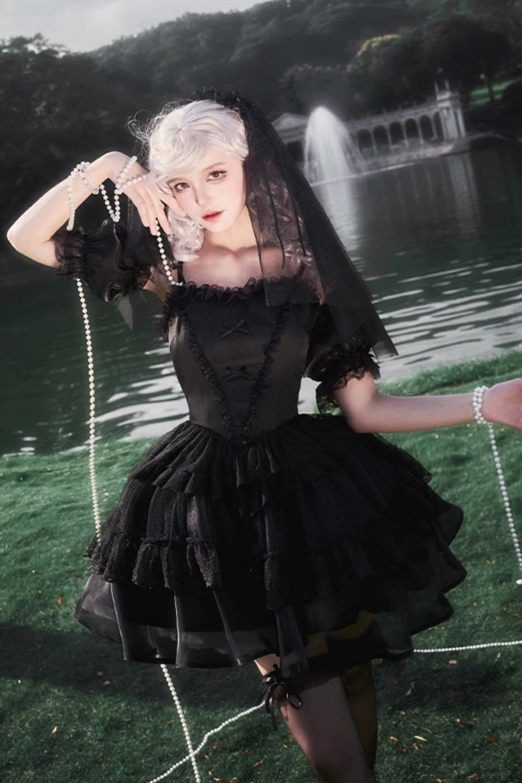 Black Twin Ivory Towers Ruffle Gothic Lolita Drawstring Jsk