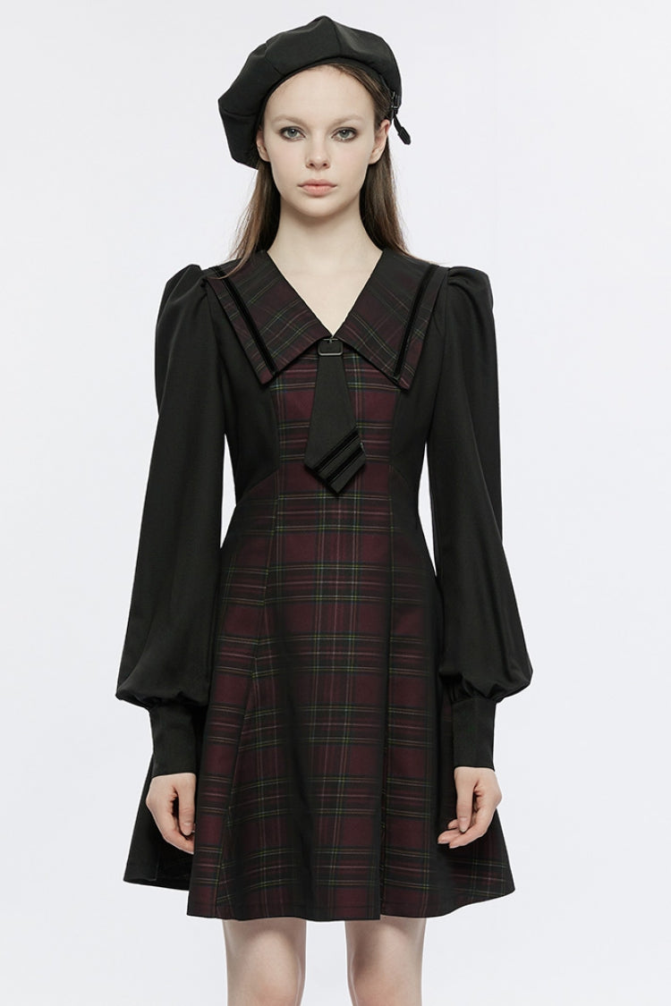 Black/Red Long Lantern Sleeves Plaid Print Detachable Lace-Up Women's Punk College Style Dress