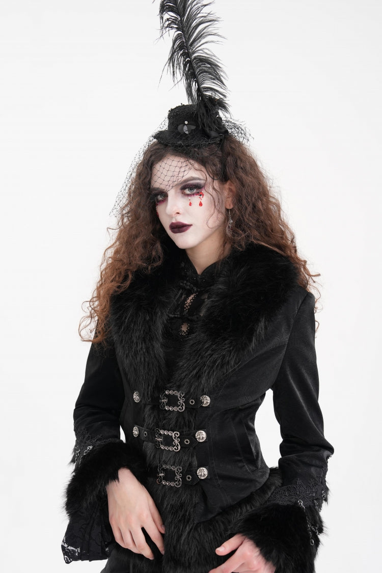 Black Faux Fur Bucket-up Chain Women's Gothic Jacket