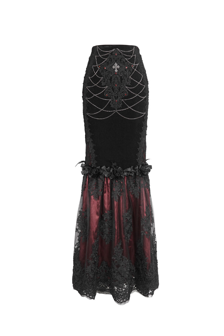 Black/Red High Waisted Embroidery Stitching Lace Women's Gothic Skirt