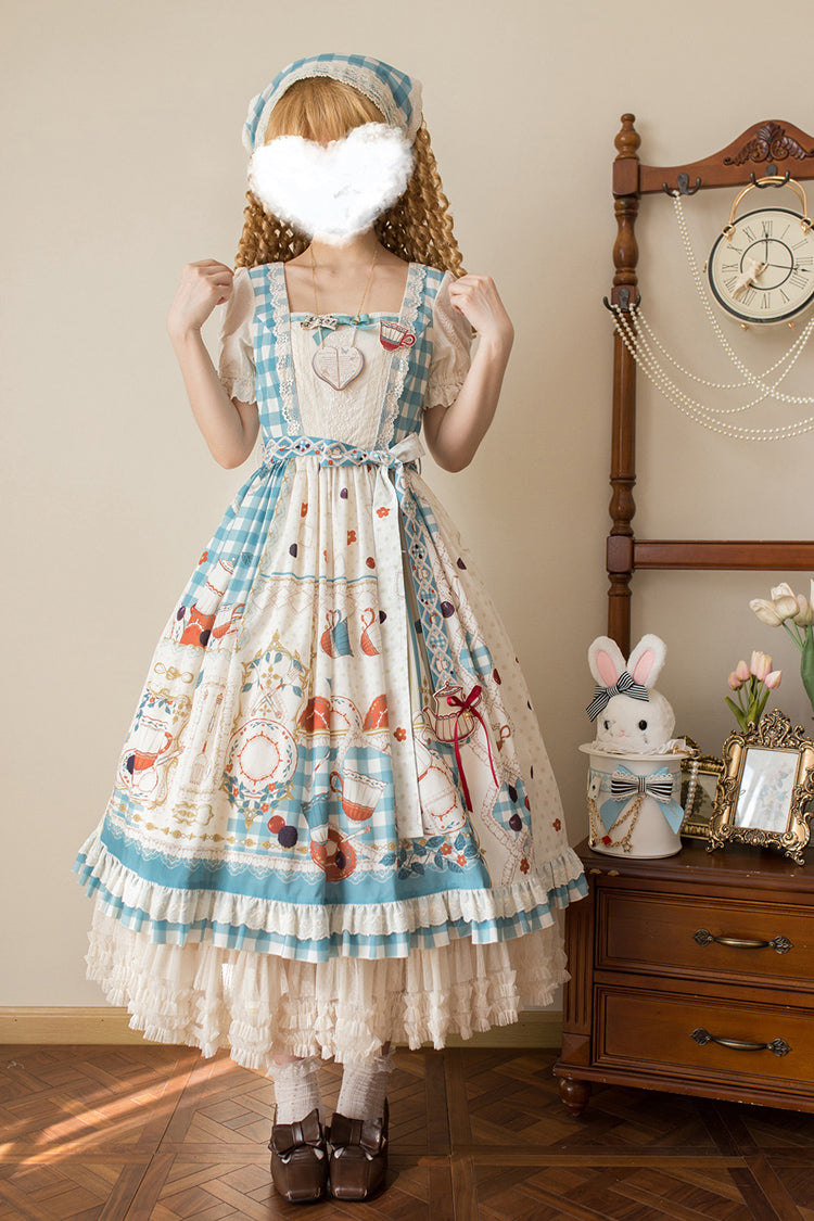 Blue/Green [Tea Party] Short Sleeves Print Ruffle Bowknot Lace Sweet Elegant Lolita Dress