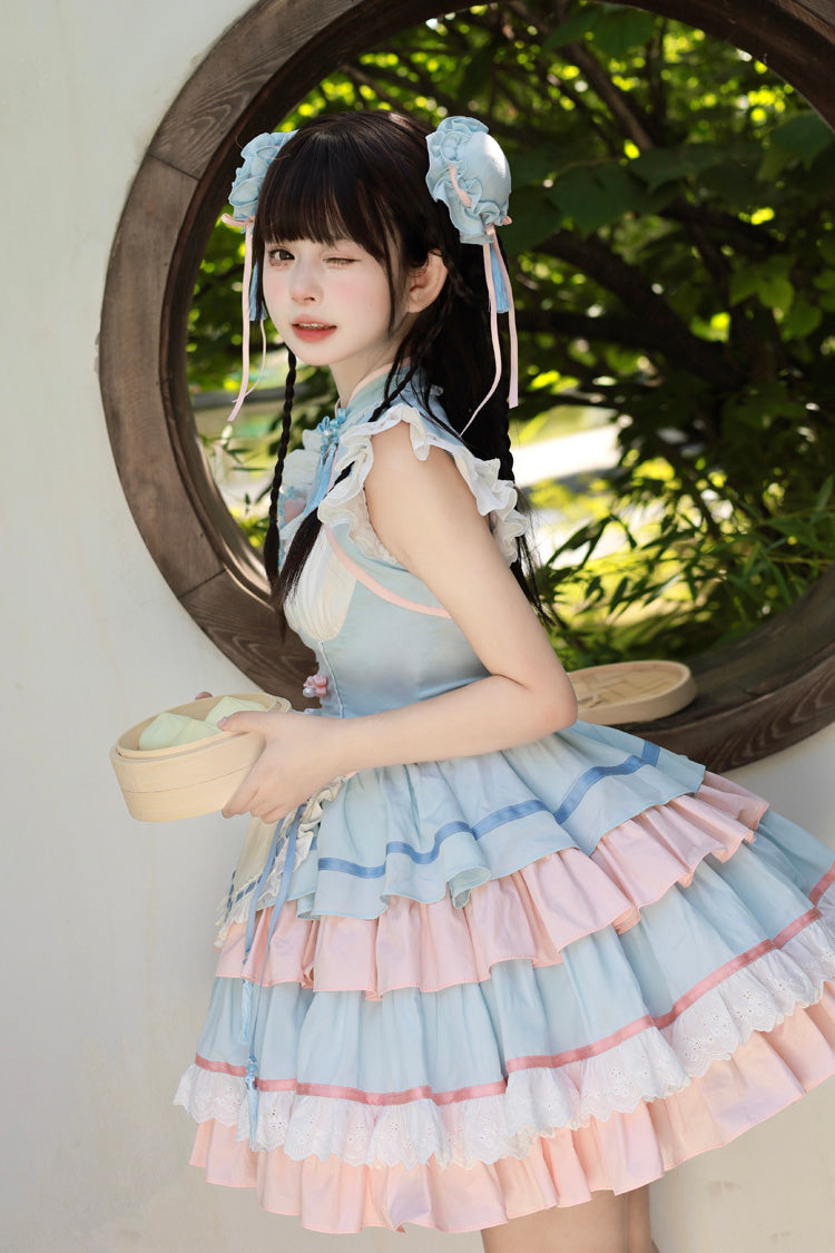 Blue/Pink Multi-Layered Ruffle Sweet Chinese Style Maid Cheongsam Lolita Dress