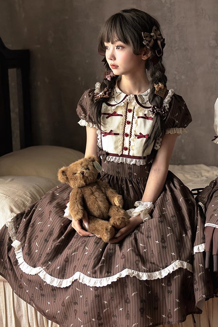 Braunes Moro Coco [Heißluftballon] Druck Rüschen Schleife Süßes Elegantes Prinzessin Lolita Kleid Lange Version