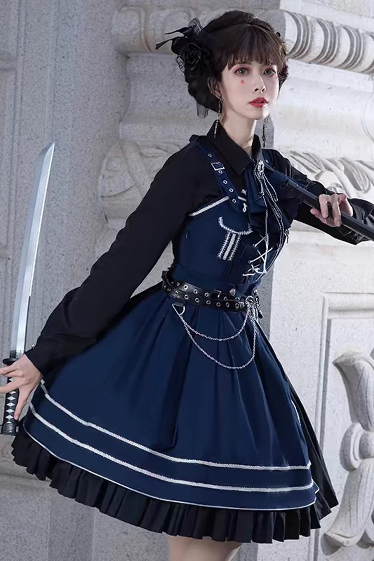 Blue Ruffle Lace-Up Gothic Military Handsome Lolita Dress