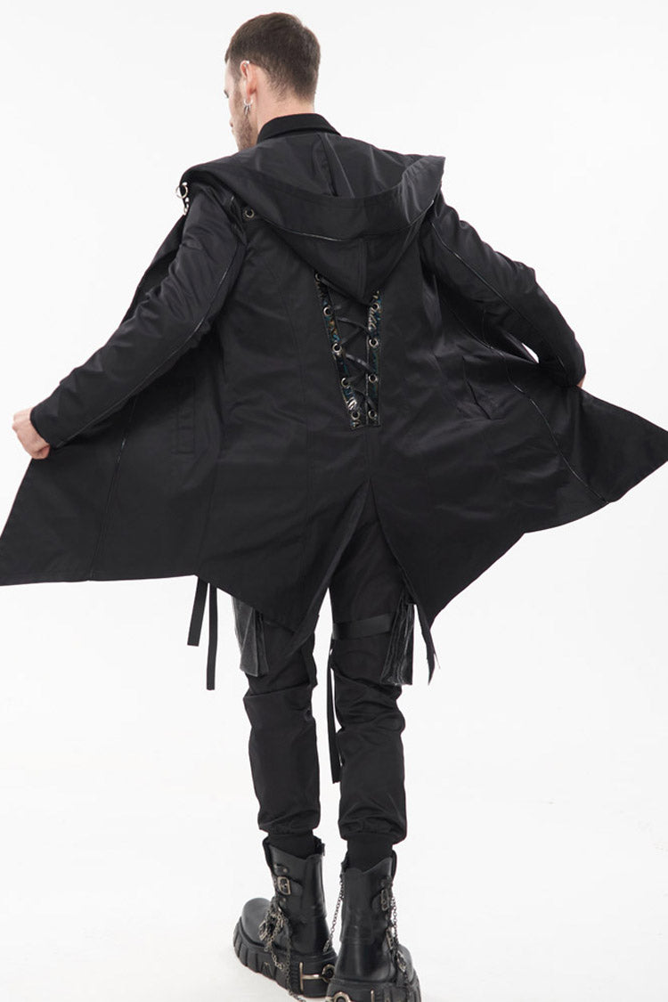 Black Punk Back Splicing Straps Design Windproof Fabric Daily Matching Hooded Casual Men's Coat