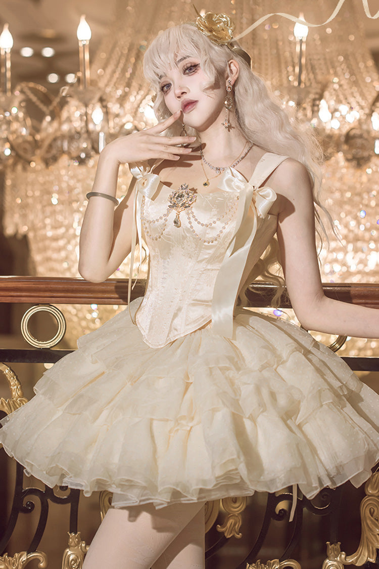 Champagne [Cream Polka Dots] Sleeveless Jacquard Bowknot Slim Sweet Ballet Lolita Skirt Dress