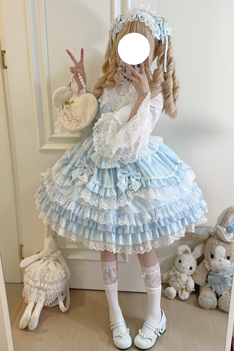 Blue Multi-Layered Ruffle Bowknot Stitching Lace Sweet Lolita Jsk Dress