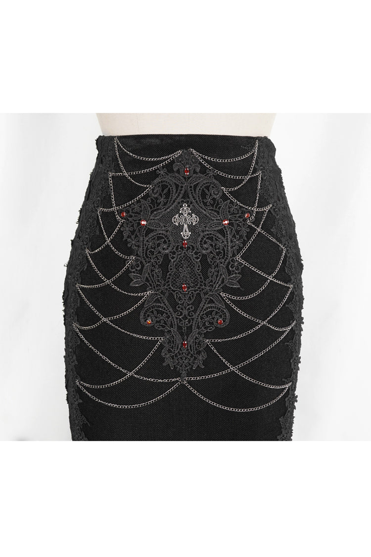 Schwarzer Gothic-Rock mit hoher Taille und Stickereien aus Spitze für Damen