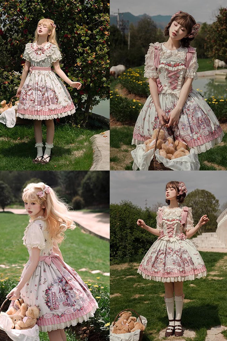 Süßes Lolita-Prinzessinnenkleid im Vintage-Stil mit mehrfarbigem Himbeer-Wein-Brau-Aufdruck (OP &amp; JSK)