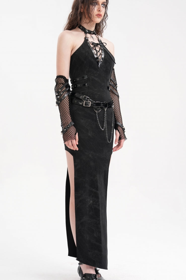 Black Chains Buckle-up Halterneck Hollow Lace-Up Women's Gothic Strap Maxi Dress