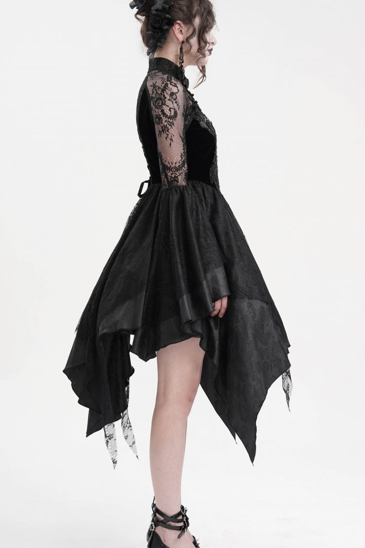 Black Long Sleeves Embroidery Lace Lace-Up Irregular Sheer Mesh Women's Gothic Dress