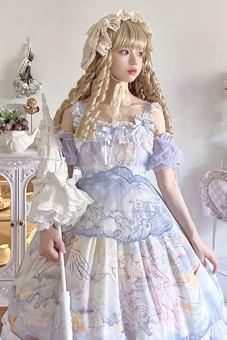 Blau [Walking In The Clouds] Bedrucktes Rüschen-Schleifen-Spitzen-Lolita-Jsk-Kleid, komplettes Set