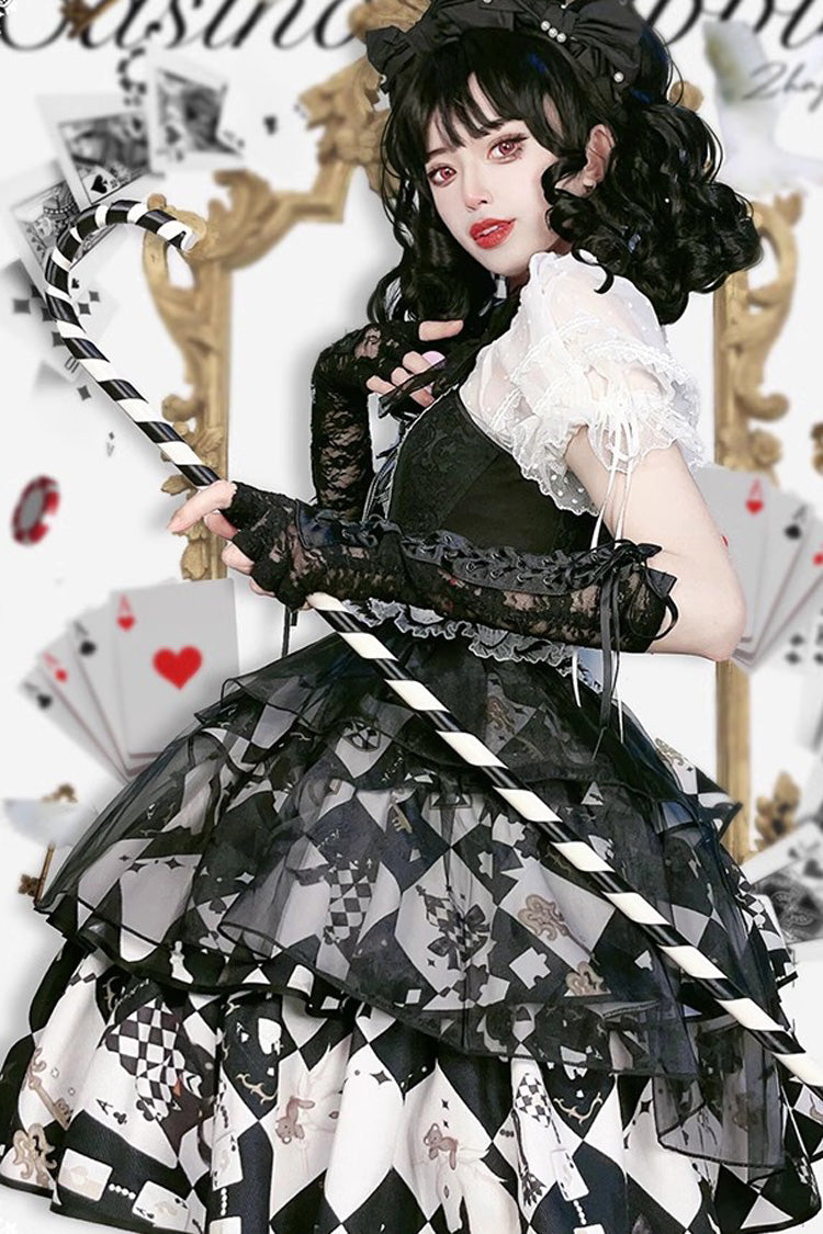 Black/White [Board Games] Triple-Layered Print Ruffle Vintage Lolita Skirt