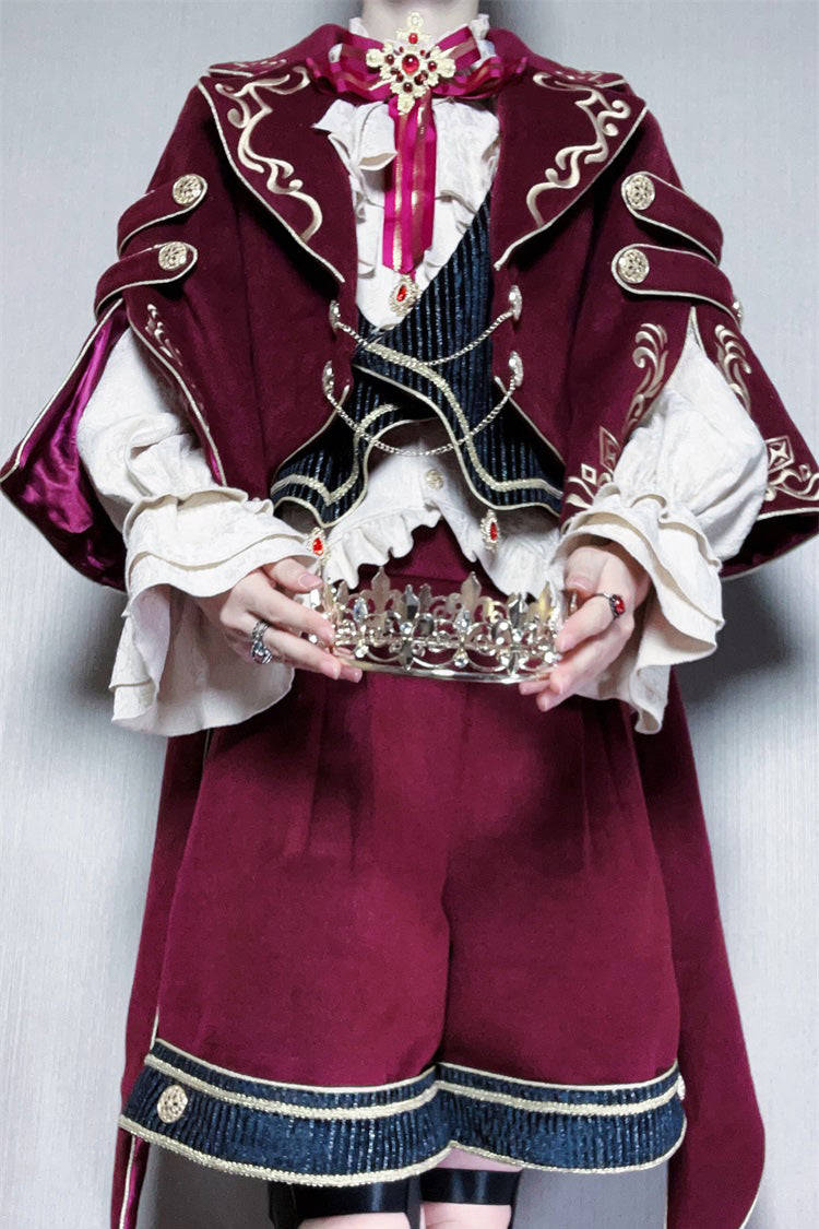 Red [Royal Heir] Embroidery Classic Military Gorgeous Handsome Ouji Lolita Coat Blouse Shorts Set