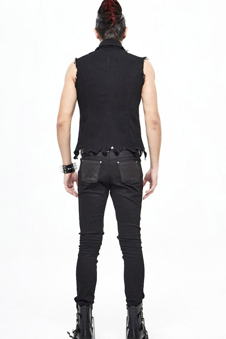 Black Worn Out Twill Mesh Decoration Rough Selvedge Hem Heavy Metal Men's Punk Waistcoat