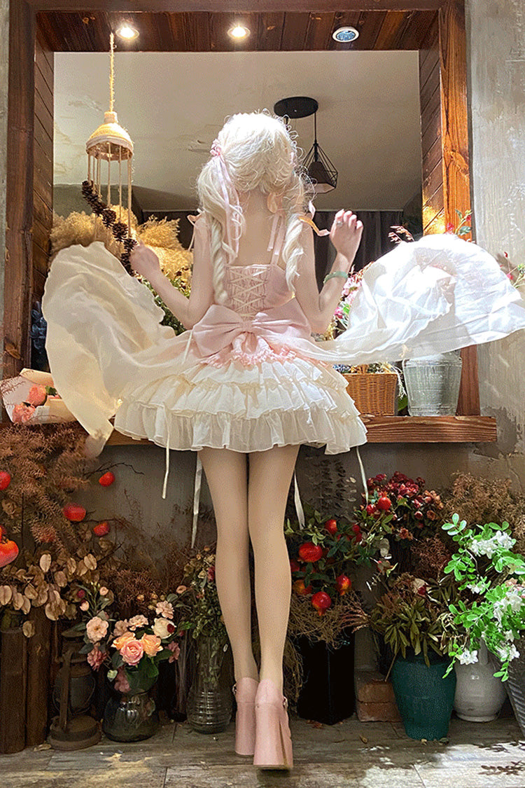 Pink [Dance of Time] Sleeveless Multi-Layered Ruffle Bowknot Lace Sweet Ballet Lolita Jsk Dress