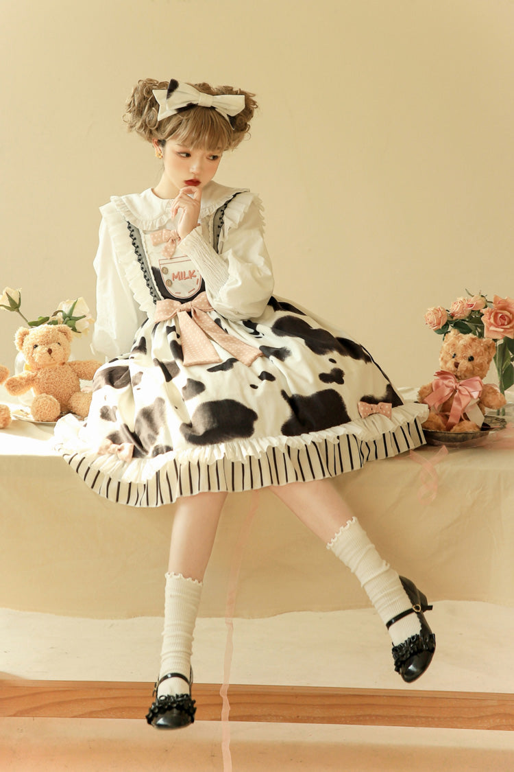 Milk Cow Print Ruffle Bowknot Sweet Lolita Jsk Dress 5 Colors