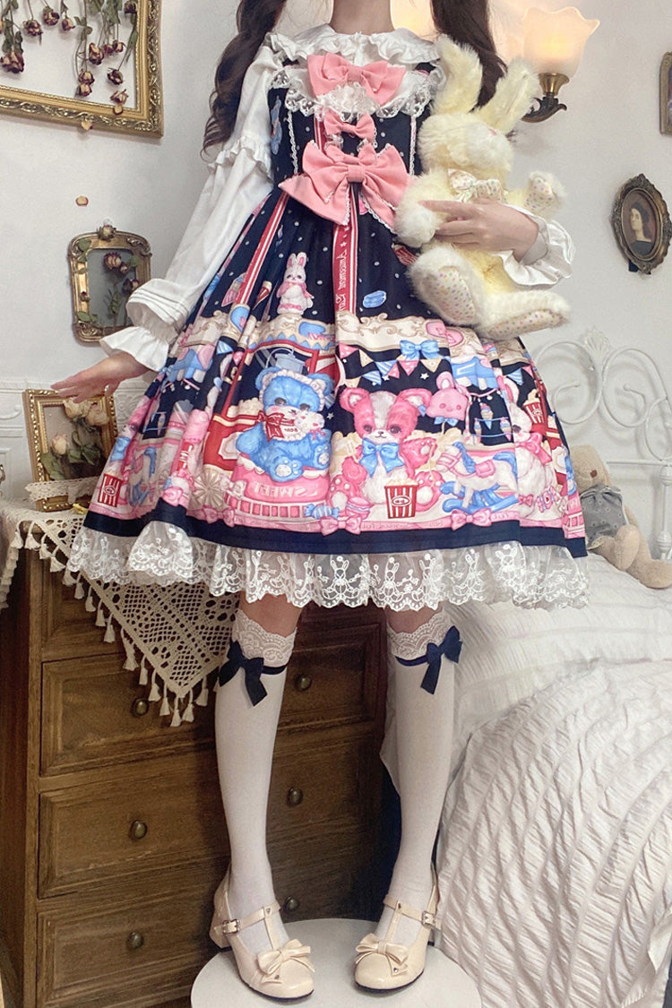 Black/Pink Doll Playground Print Ruffle Bowknot Sweet Lolita Jsk Dress