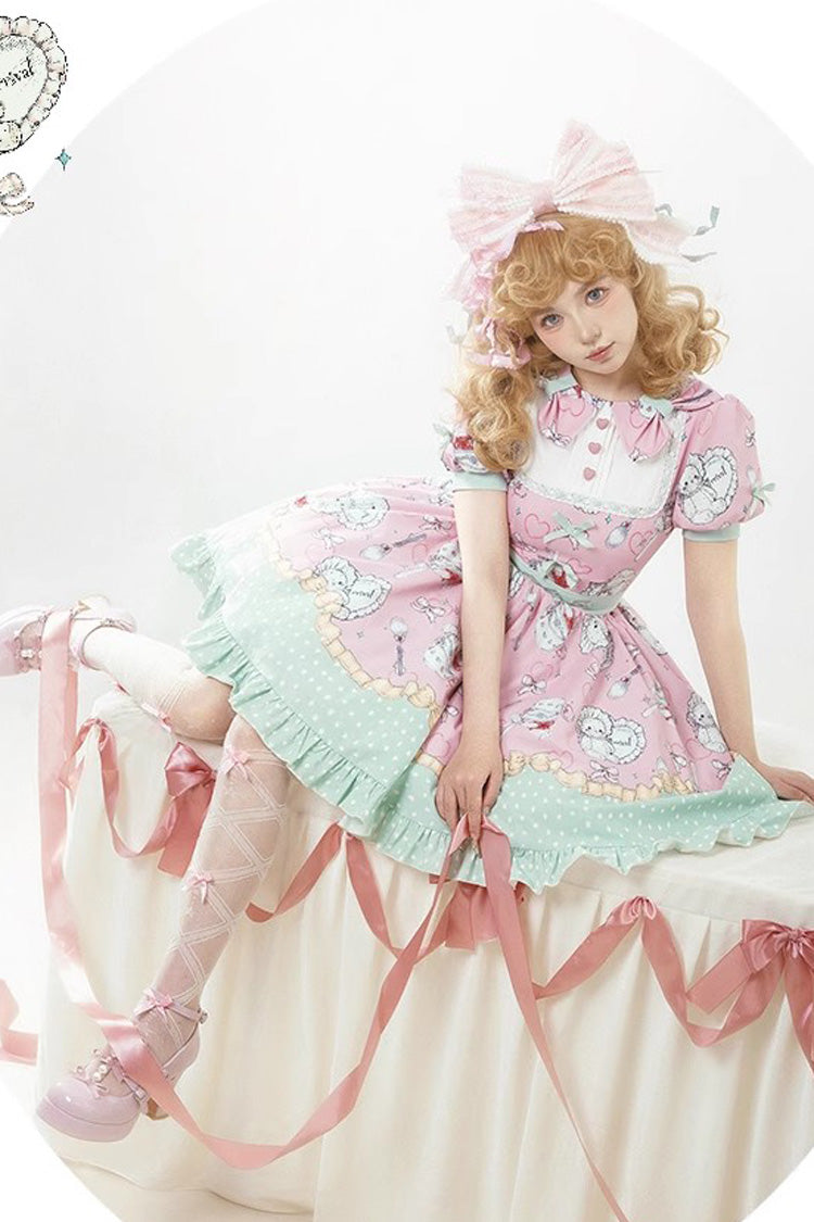 Pink/Green Tea Time Donut, Cake and Bear Print Ruffle Sweet Elegant Lolita Dress