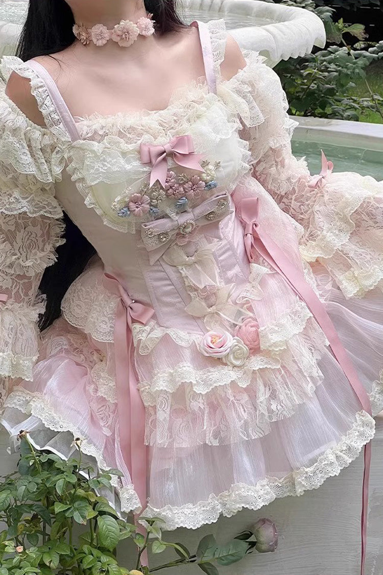 Pink Delicate Lace Flowers Love Song Bowknot Lace Sweet Lolita Dress