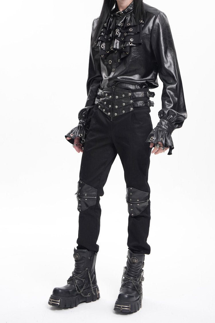 Black Stitching Buckle-up Studs Men's Gothic Pants