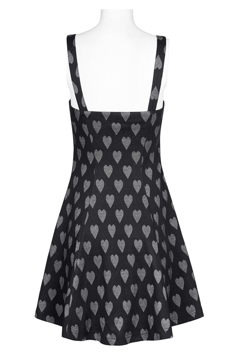 Schwarz/graues Hosenträgerkleid mit Herz-Print-Muster, hohlem Mesh, Metall-PU-Schnalle und Schleife, ärmellos, Punk-Kleid für Damen