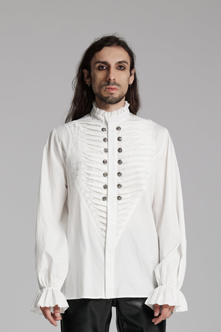 White Stand Collar Beast Buckle Long Sleeves Ruffle Men's Gothic Blouse