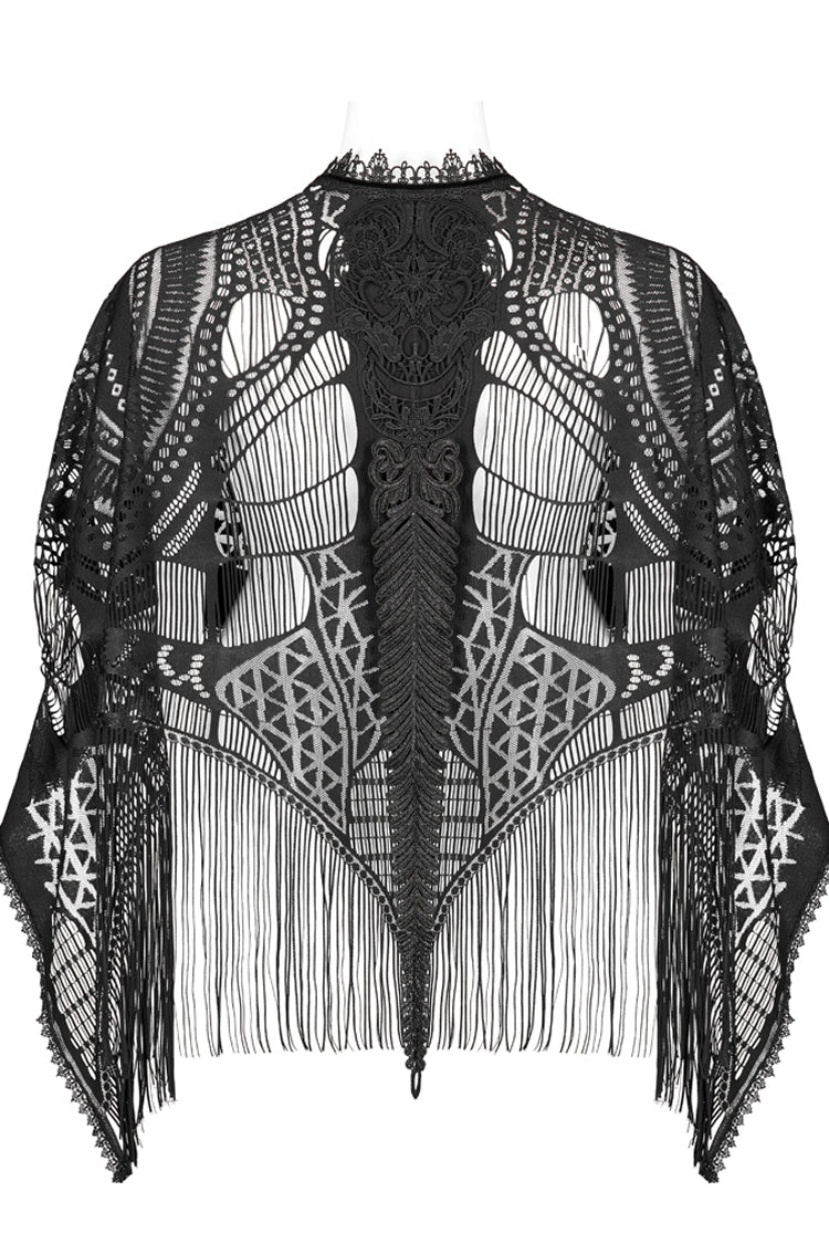 Black Openwork Lace Embroidery Pattern Decoration Hem Fringed Design Elasticated Neckline Women's Gothic Shawl