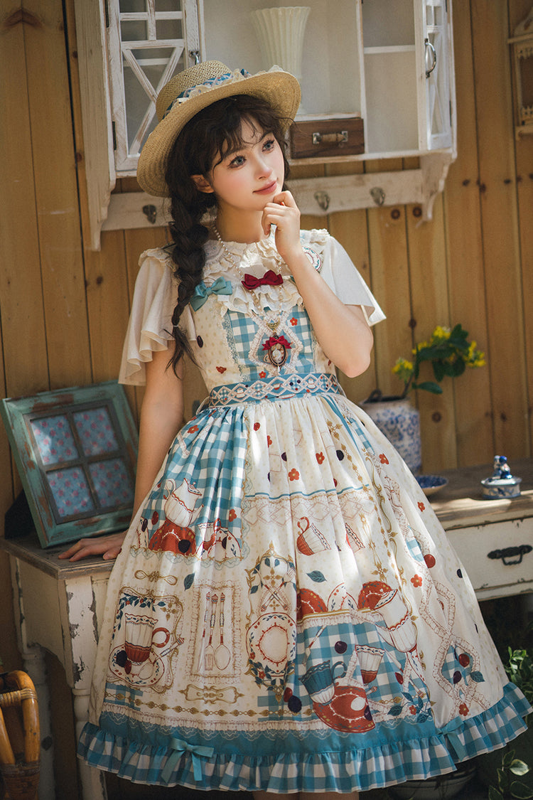 Blue/Green [Tea Party] Print Ruffle Bowknot Lace Sweet Elegant Lolita Jsk Dress